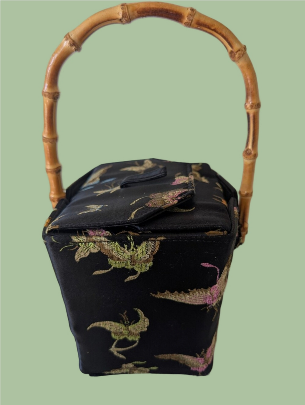 Bag Box Bag Mini Size Black Floral Silk Box Bamboo Handle Butterfly Fabric